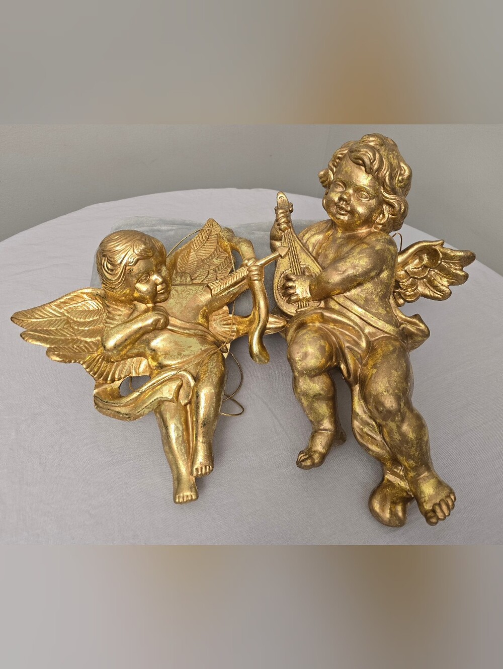 2 Vtg Large 12" 16" Gold Painted blow molded Cherub Angel Decor Hanging Figures